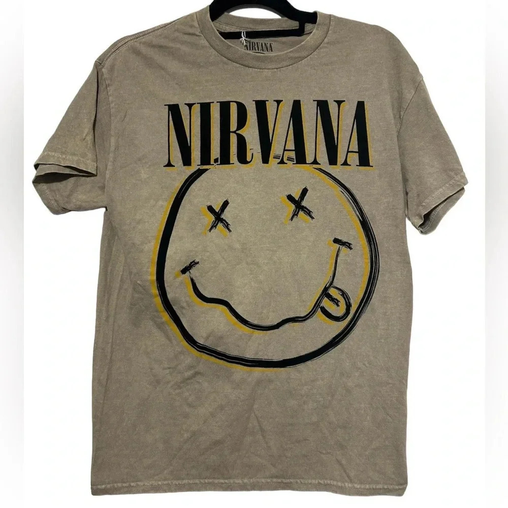 Nirvana Women's Inverse Smiley Face T-Shirt Short Sleeve Tan Size Medium